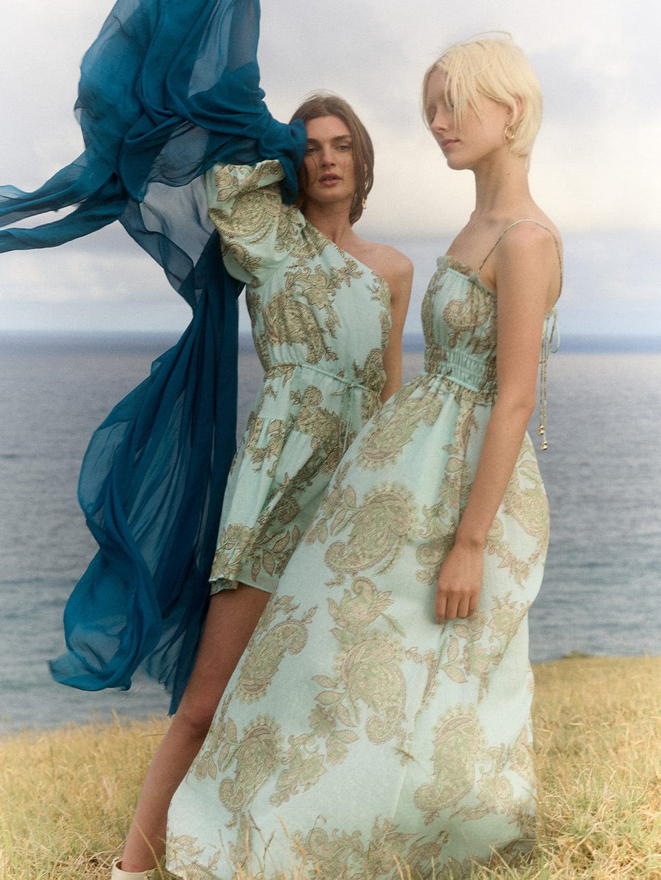 Zoe One Shoulder Mini Dress KIVARI | Model wears aqua paisley mini dress campaign